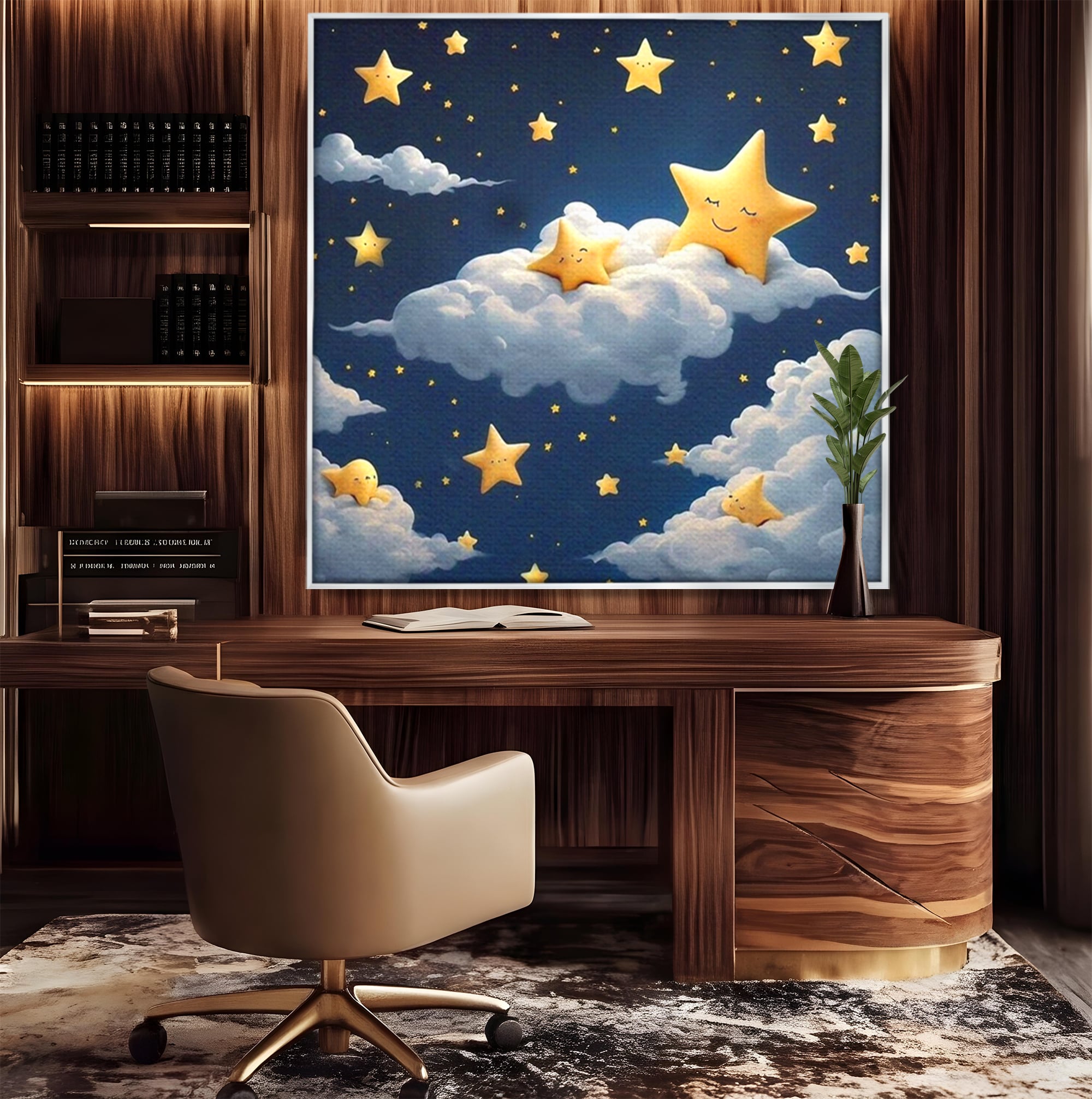 Tablou canvas cu ilustratie cu stelute si norisori, in rama de aluminiu argintiu, pe perete intr-un birou